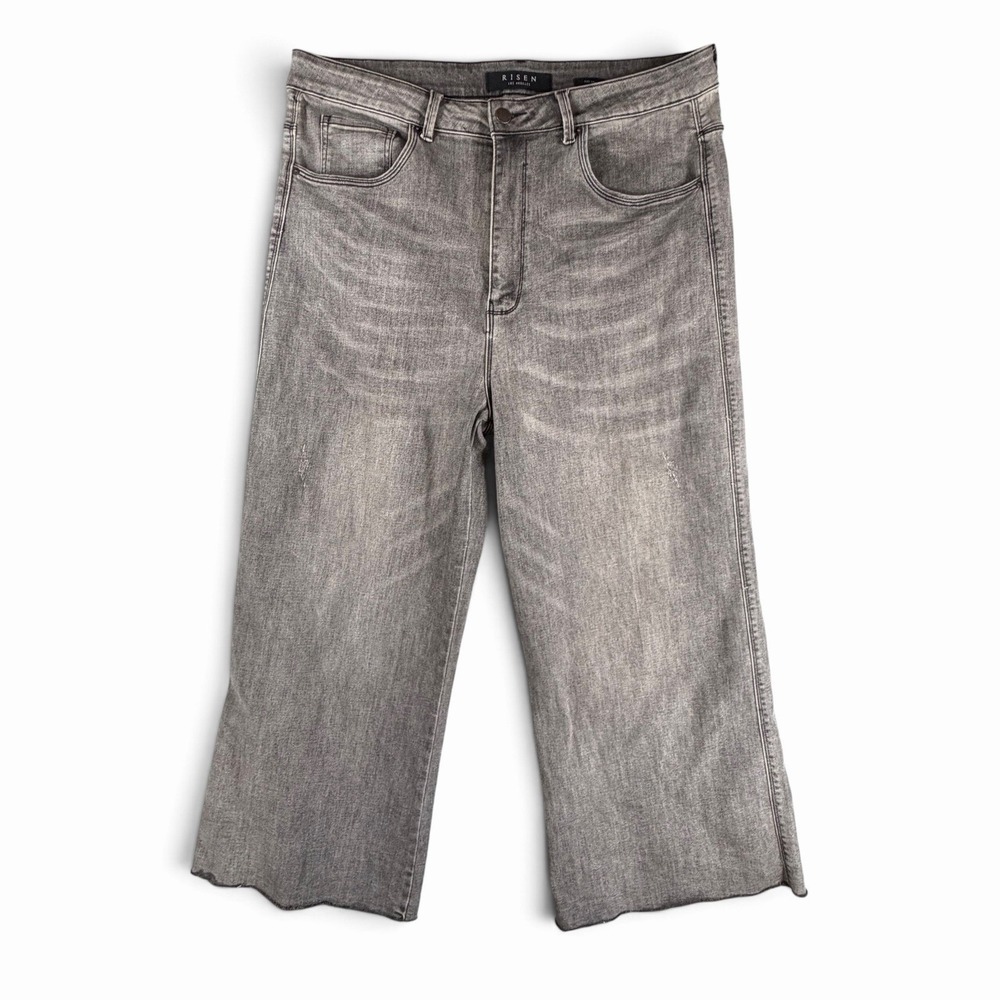 Risen Jeans Women 2XL Gray Wide Leg Crop Hi-Rise Whiskered Denim Pants Stretch